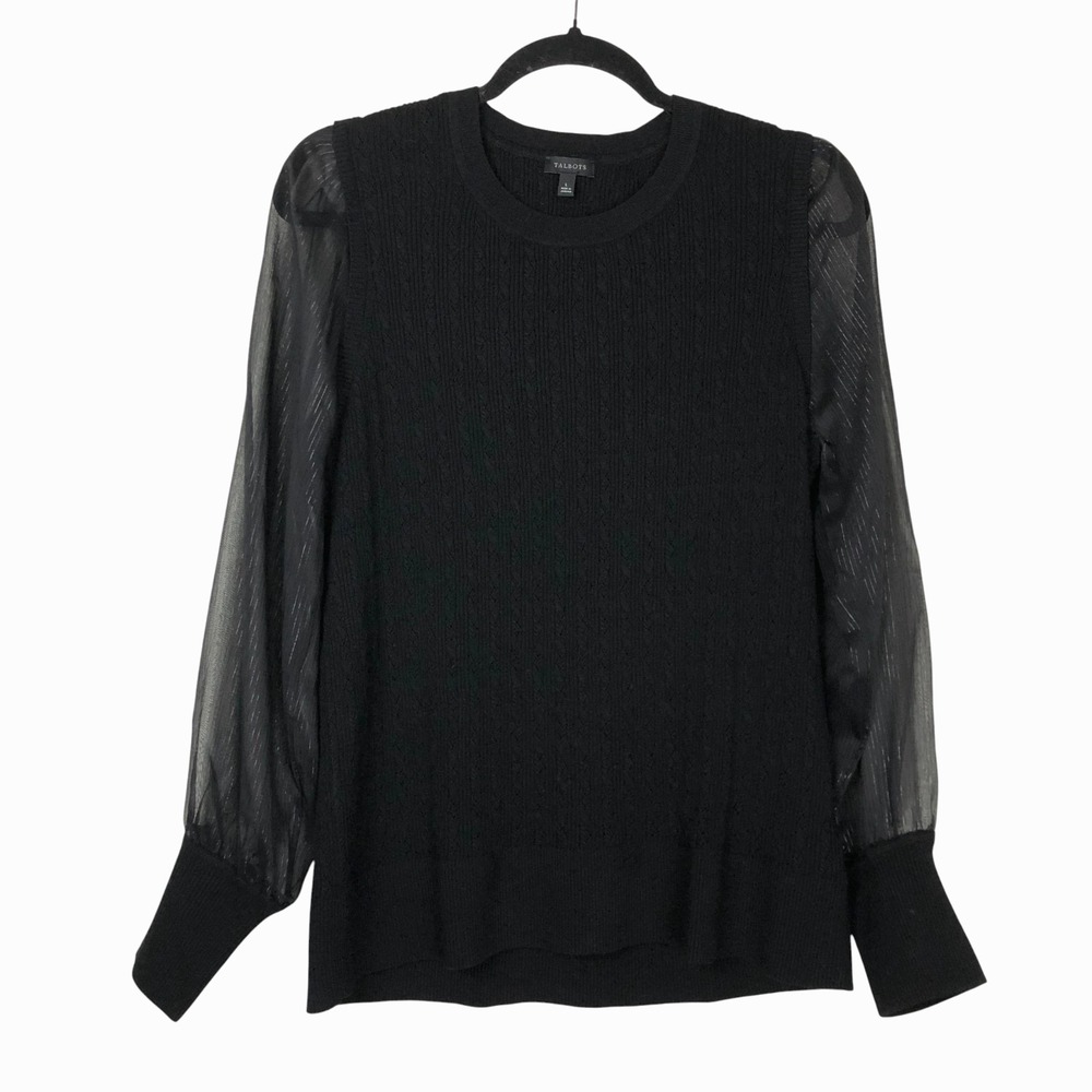 Talbots Womens Sheer Metallic Balloon Sleeve V-Neck Sweater Size L Black Holiday - Picture 3 of 11